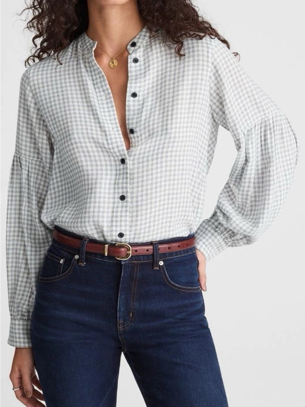Madewell Stand-Collar Button-Up Shirt in a black and white windowpane Pattern L
